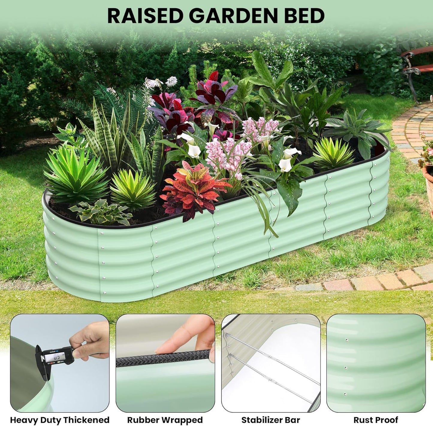 Galvanized Raised Garden Bed, 8x2x1.5Ft Metal Planter Box Outdoor, Oval Open-Ended Base Planter Raised Boxes for Vegetables Flower Herb