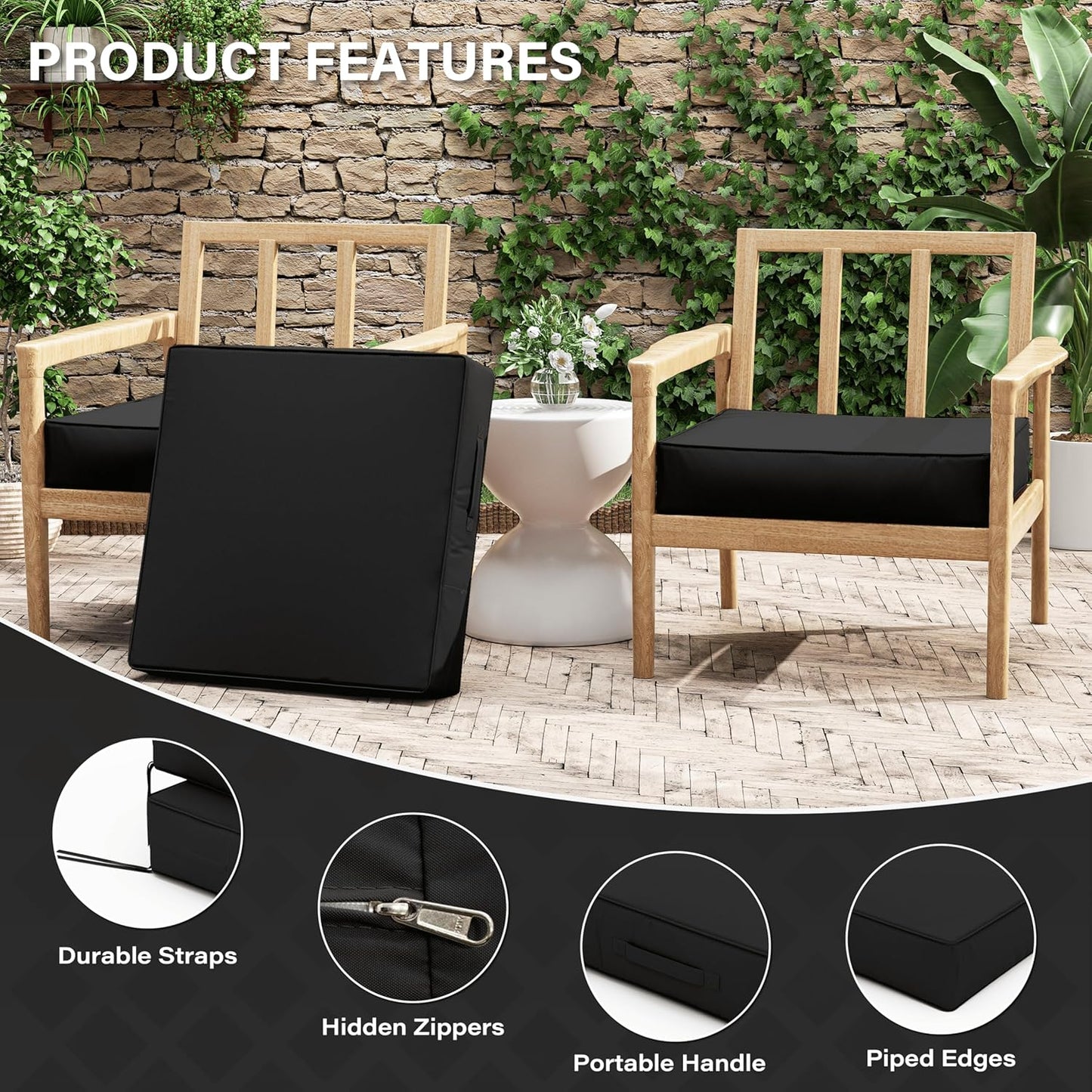 Patio Chair Cushions 24 X 24 X 5 Inch Waterproof Outdoor Seat Cushions for Patio Furniture, Outdoor Sofa Couch Pads with Ties & Handle, Set of 2, Black