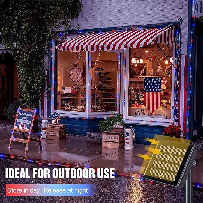 JMEXSUSS 2 Pack Red White and Blue Solar Lights, Each 100 LED 33FT Solar Fairy Lights Outdoor Waterproof, 4th of July Solar String Lights for Independence Day Outside Decorations