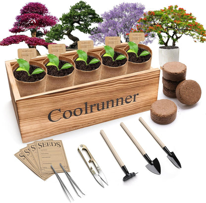 Bonsai Tree Kit, Wooden Bonsai Starter Kit, Coolrunner Bonsai Tree Starter Kit, Mini Bonsai Plant Growing Kit with Seeds Packets, Soil Discs, Jute Bags, Plant Markers, Gardening Tools etc (No Seeds)