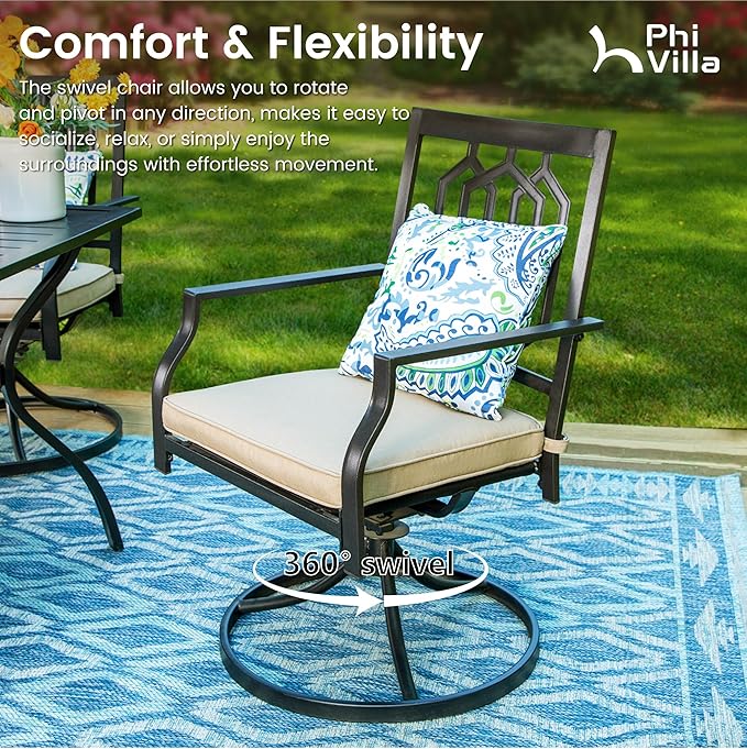 PHI VILLA 3 Piece Outdoor Bistro Set for 2, Metal Steel Round Table & Swivel Wrought Iron Chairs with Cushions, Small Furniture Conversation Set for Patio, Porch, Deck, Balcony