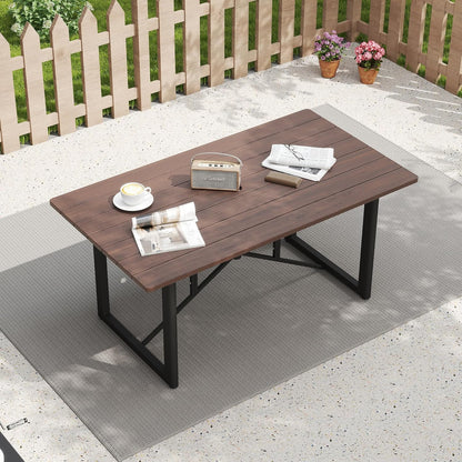 HAPPATIO Outdoor Acacia Wood Dining Table, 6-Person Patio Dining Table with Powder-Coated Aluminum Frame, Rectangle Outdoor Dining Table with Umbrella Hole for Deck Yard Garden