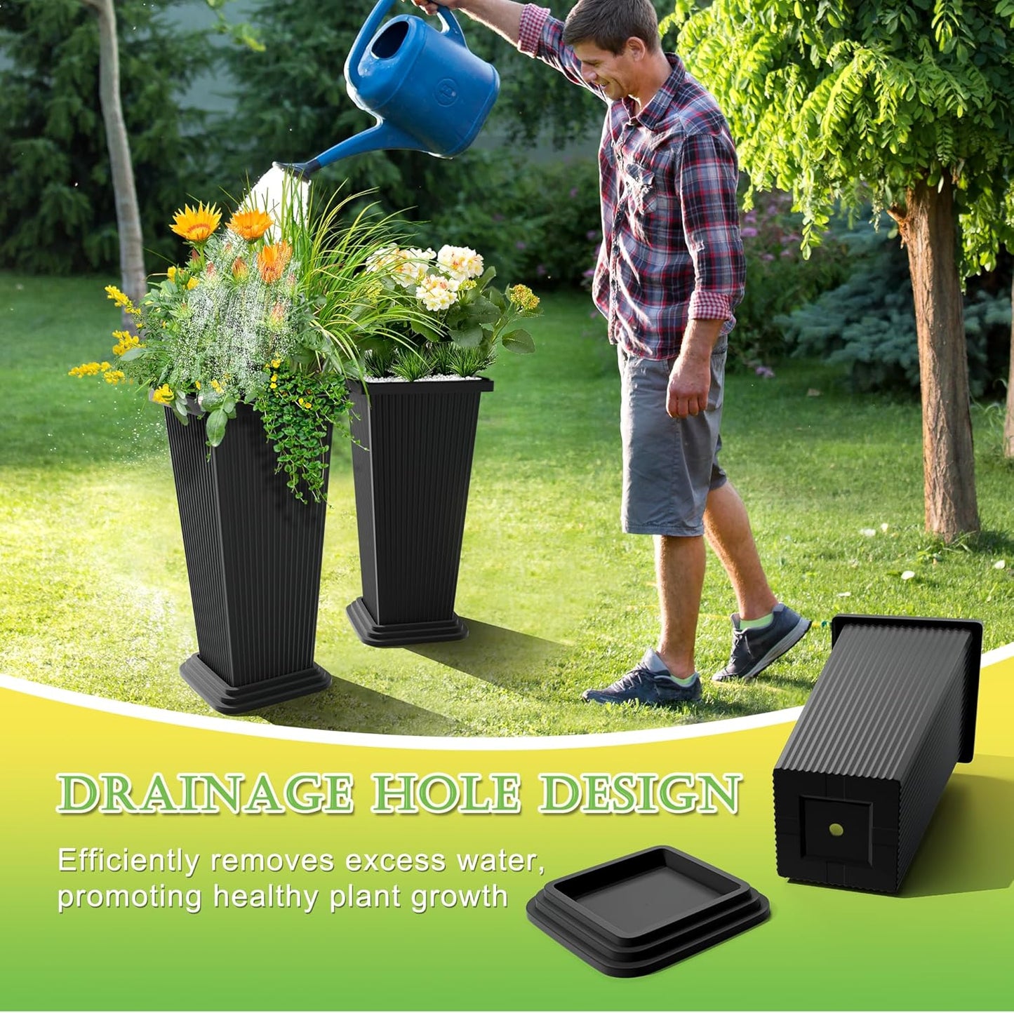 Set of 2 Large Tall Planter for Indoor or Outdoor 24" Flower Pots Tapered Tall Planters with Tray for Porch, Patio, Backyard, Large Planters for Outdoor Indoor Plants(Black,Striped)