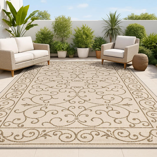 JONATHAN Y SMB106A-8 Charleston Vintage Filigree Textured Weave Indoor Outdoor Area Rug Classic Coastal Easy Cleaning Bedroom Kitchen Backyard Patio Non Shedding, 8 X 10, Beige/Brown