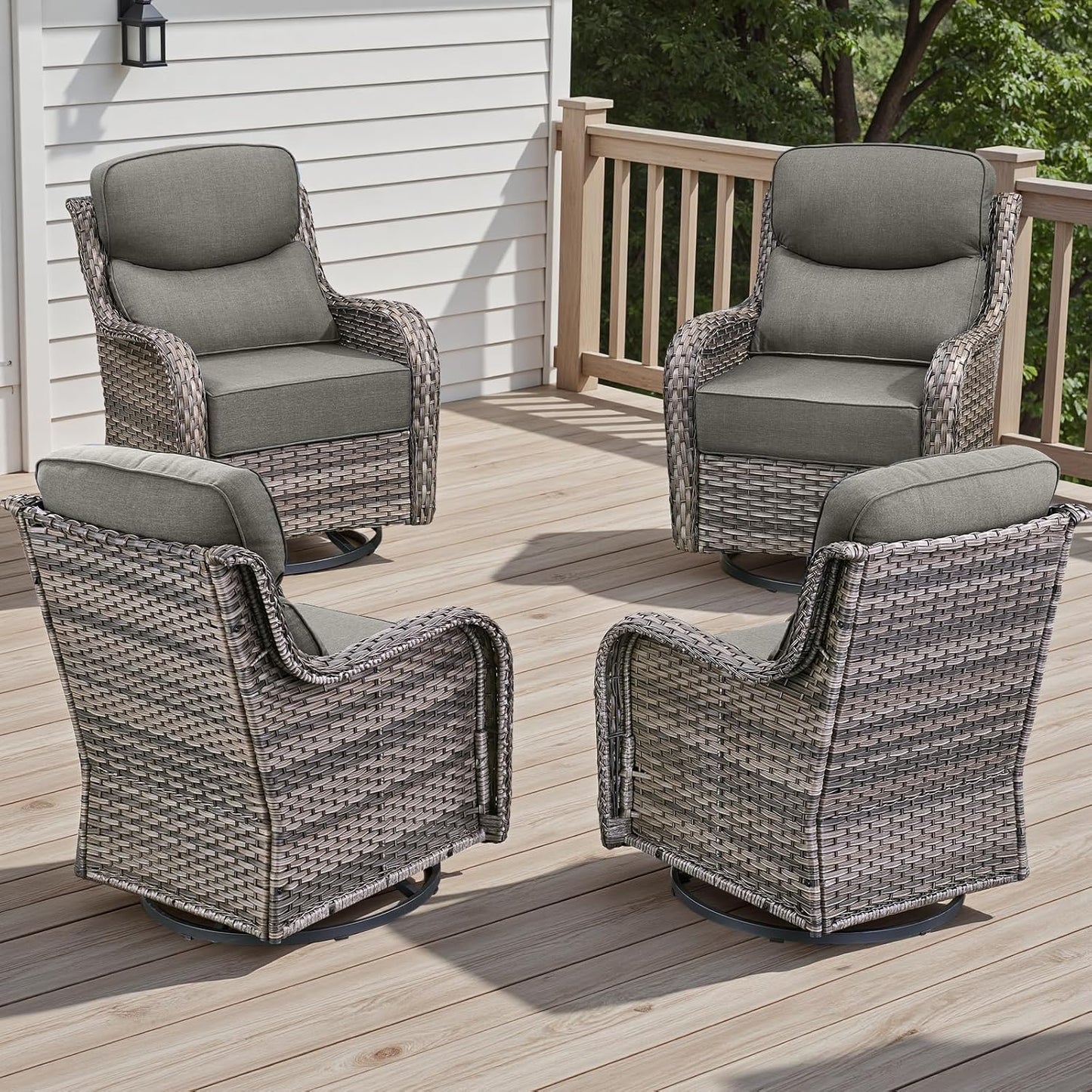 4 Piece Outdoor Patio Swivel Rocker Chairs, Waterproof Wicker, High Back, Deep Seating, Wide Armrest, Upgraded 6 inch Thick Cushions, Ideal for Deck Porch Backyard, Mixed Grey/Grey