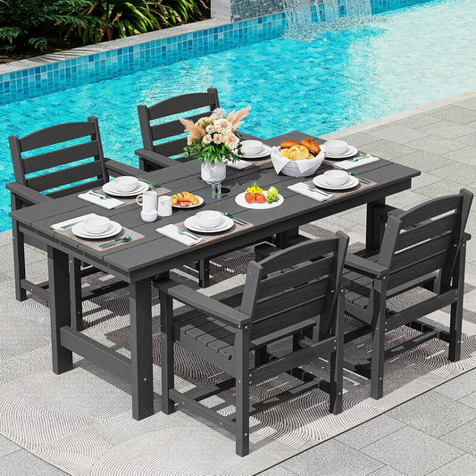 SERWALL Patio Dining Table Sets 5-Piece, Outdoor HDPE Dining Furniture Set with Umbrella Hole Cut-Out Table and 4 Chairs, All Weather Dining Set for Lawn, Garden, Backyard, Poolside, Black