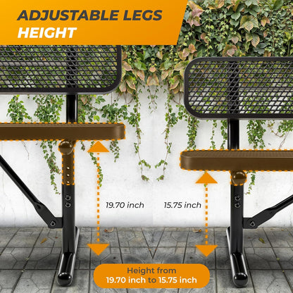 Heavy-Duty Outdoor Metal Bench, Thermoplastic-Coated, Portable, Weatherproof, Commercial-Grade for Parks, Gardens, Patios, Stores & More (8 Ft - Portable with Back, Black)