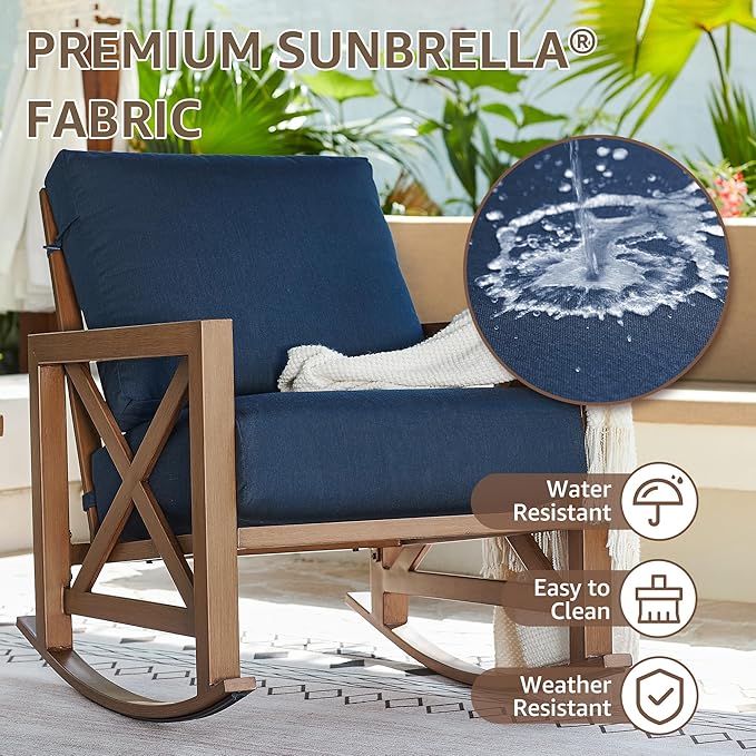 NATURAL EXPRESSIONS Sunbrella Rocking Bistro Set, 3 Piece Outdoor Patio Conversation Furniture Set with 6.5'' Thick Cushions Wood Grain Finish Frame for Backyard,Porch,Poolside