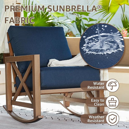 NATURAL EXPRESSIONS Sunbrella Rocking Bistro Set, 3 Piece Outdoor Patio Conversation Furniture Set with 6.5'' Thick Cushions Wood Grain Finish Frame for Backyard,Porch,Poolside