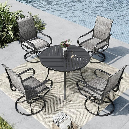 MFSTUDIO Outdoor Dining Set for 4，Round Patio Table and Chairs for Deck Backyard & Garden, 5 Piece Patio Dining Set with Swivel Chairs