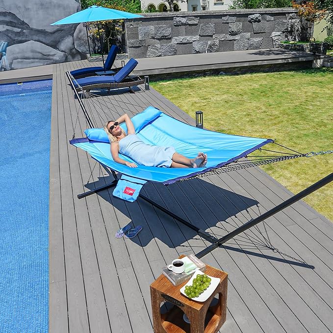 Lazy Daze Hammocks 12 FT Quilted Fabric Hammock with Curved Aluminium Spreader Bar, Outside Double Hammock with Soft Pillow, Side Pocket 450 Lbs Capacity for Patio, Poolside, Lake Blue