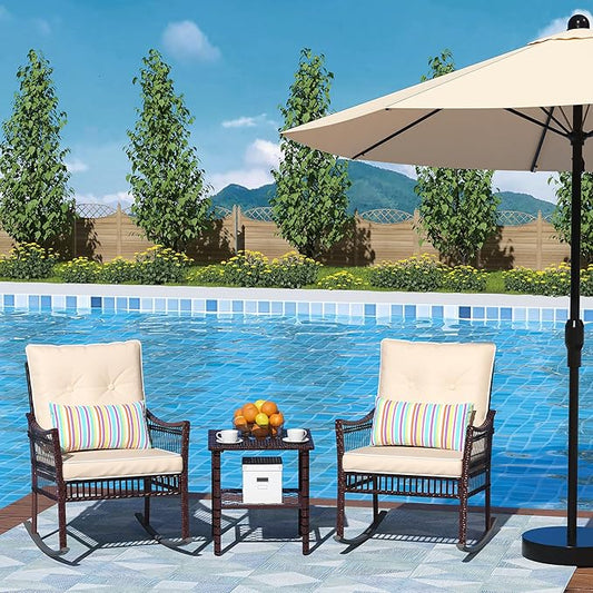 DECMICO 3 Pieces Patio Furniture Set, Wicker Rocking Chairs Bistro Set with Coffee Table, Outdoor Conversation Set for Garden and Balcony (Brown Rattan Beige Cushion)