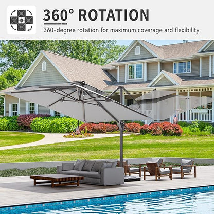 10' X 10' Cantilever Patio Umbrella Outdoor Heavy Duty Double Top Windproof Square Offset Umbrellas with 360-degree Rotation for Pool Deck Backyard, Foggy Grey