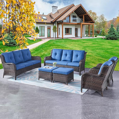 Rilyson Wicker Patio Furniture Set - 6 Piece Rattan Outdoor Sectional Conversation Sets with 2 Sofa,2 Armrest Chairs and 2 Ottomans for Porch Deck Garden(Brown/Blue)