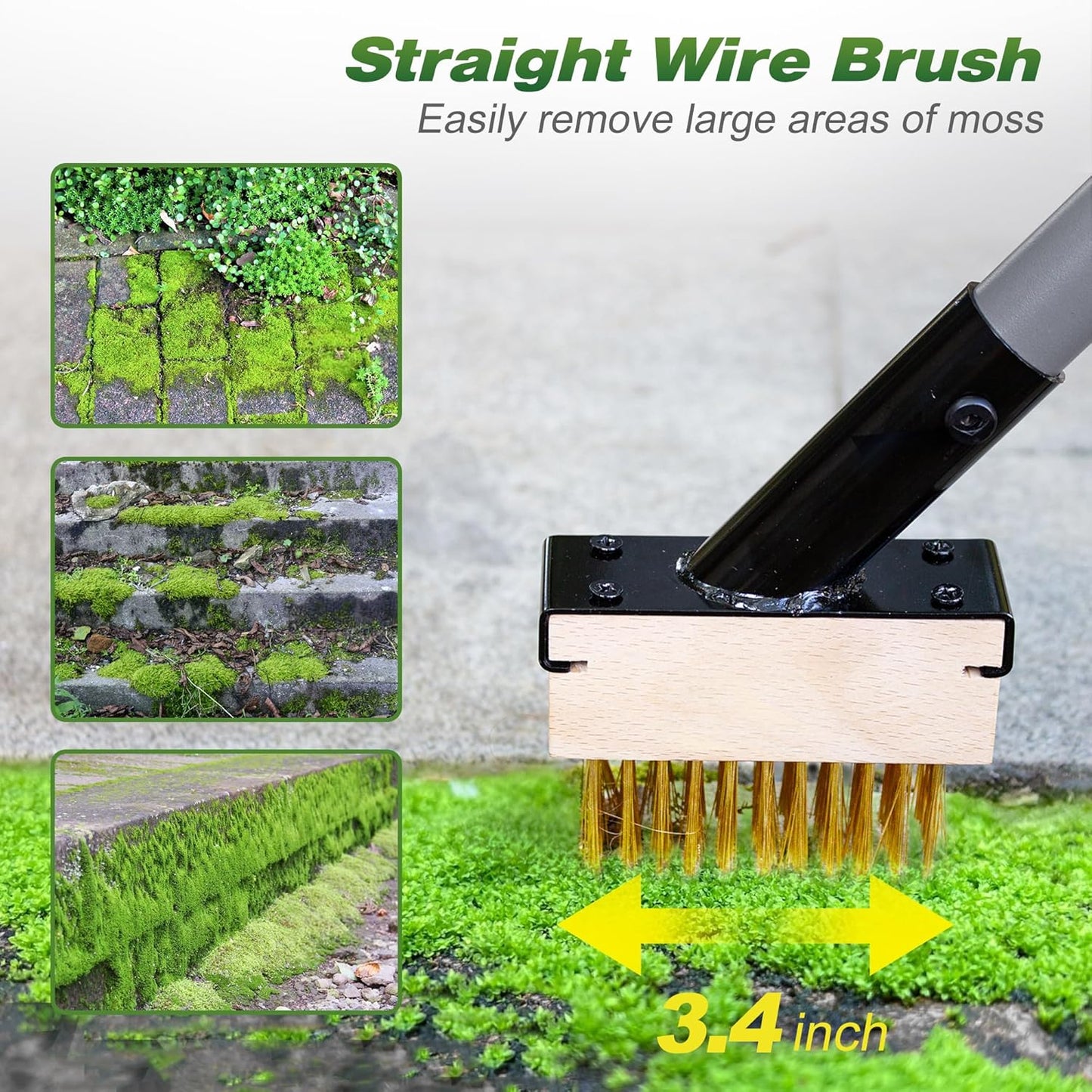 Walensee 3-in-1 Crack Weeder & Moss Remover Brush with 66.5-Inch Adjustable Handle, Weed Puller with 2 Replaceable Brush Heads and Scraper for Deck, Patio, Walkway, Driveway Crevice Cleaning Tool