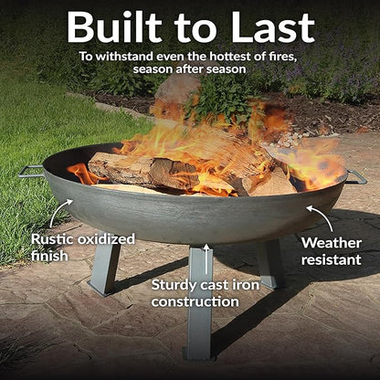 Sunnydaze 30-Inch Cast Iron Heavy-Duty Fire Pit for Outside - Wood-Burning Outdoor Fire Pit Bowl with Handles - Steel Finish