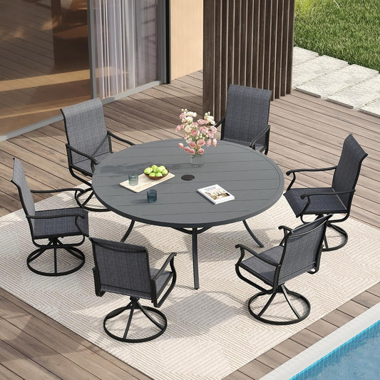 VICLLAX 53" Outdoor Round Patio Table for Lawn Garden, All Weather Metal Round Patio Dining Table with Adjustable Umbrella Hole, Patio Table for 8 Person, Grey