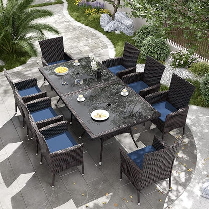 Kurapika 10-Piece Patio Furniture Outdoor Dining Set, Wicker Rattan Patio Dining Table and Chairs Set, Square Tempered Glass Tabletop with Umbrella Hole and 8 Chair Set, for Patio, Backyard, Navy Blue