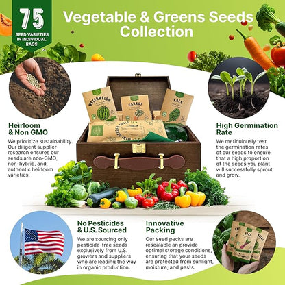 75 Vegetable & Greens Seeds Variety Pack, Garden Seed Starter Kit - Over 44,700 Non-GMO Heirloom Seeds for Planting Vegetables and Greens, Gift Seed Box with Gardening Supplies, Survival Kit