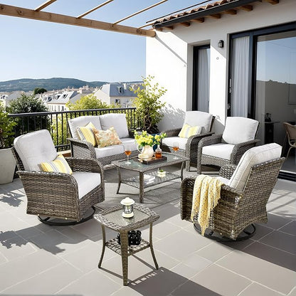 7-Piece Wicker Patio Furniture Set, All-Weather Rattan Conversation Bistro Loveseat Chair and Patio Rockers Set for Backyard, Balcony and Deck with Soft Cushions and Metal Table(Grey)