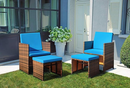 Devoko 4 Pieces Patio Wicker Furniture Set Outdoor Patio Chairs with Ottomans All Weather Cushioned Chairs Balcony Porch Furniture (Blue)