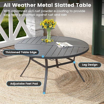 DIFY 53.1" Round Outdoor Patio Dining Table for 6-8, All-Weather Metal Steel Slatted Patio Table with 1.57" Adjustable Umbrella Hole, for Lawn Garden Porch Backyard, Grey