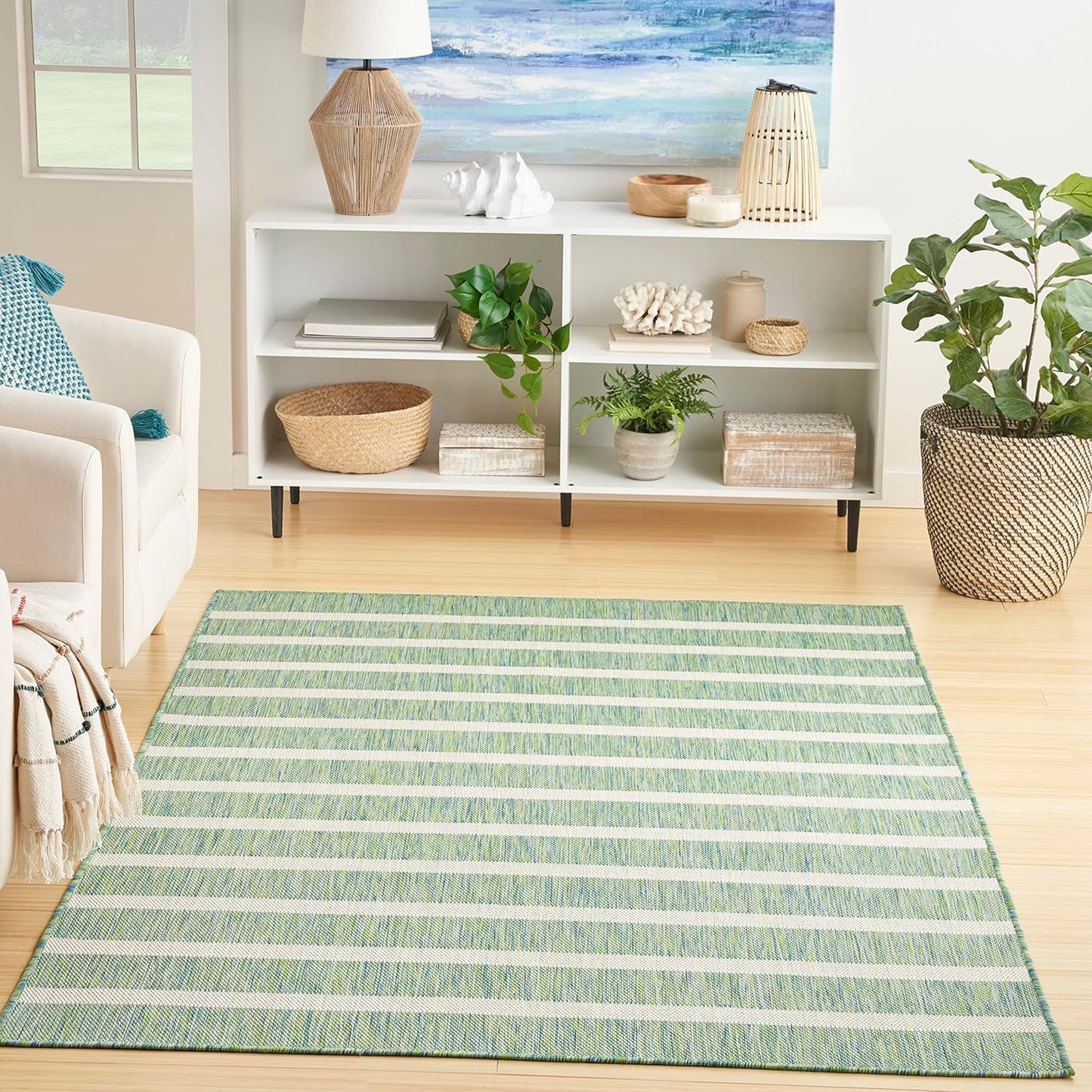 Nourison Home Positano Indoor/Outdoor Blue Green Ivory 5' x 7' Area Rug, Easy Cleaning, Non Shedding, Bed Room, Living Room, Dining Room, Deck, Backyard, Patio (5x7)