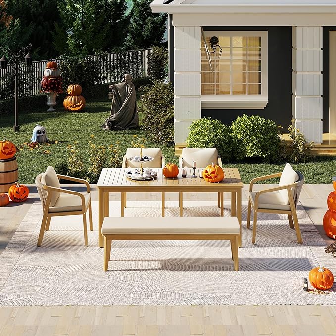 Wisteria Lane 6 Pieces Acacia Patio Dining Set for 6, Patio Dining Table and Chairs Set with Cushion, Modern Outdoor Dining Furniture Set for Lawn Backyard Garden Deck, Beige