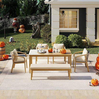 Wisteria Lane 6 Pieces Acacia Patio Dining Set for 6, Patio Dining Table and Chairs Set with Cushion, Modern Outdoor Dining Furniture Set for Lawn Backyard Garden Deck, Beige