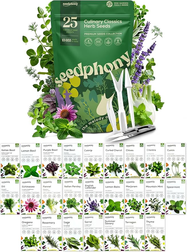 25 Culinary Herb Seeds Variety Pack - 13,055+ Non-GMO Heirloom Herbs Seeds for Planting Indoor & Outdoor: Rosemary, Basil, Catnip, Cilantro, Dill, Parsley, Oregano, Thyme, Mint, Tarragon, Lavender