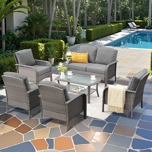 6-Piece Wicker Patio Furniture Set, All-Weather Rattan Conversation Bistro Loveseat Chair and Table Set for Backyard, Balcony and Deck with Soft Cushions and Metal Table(Dark Gray)