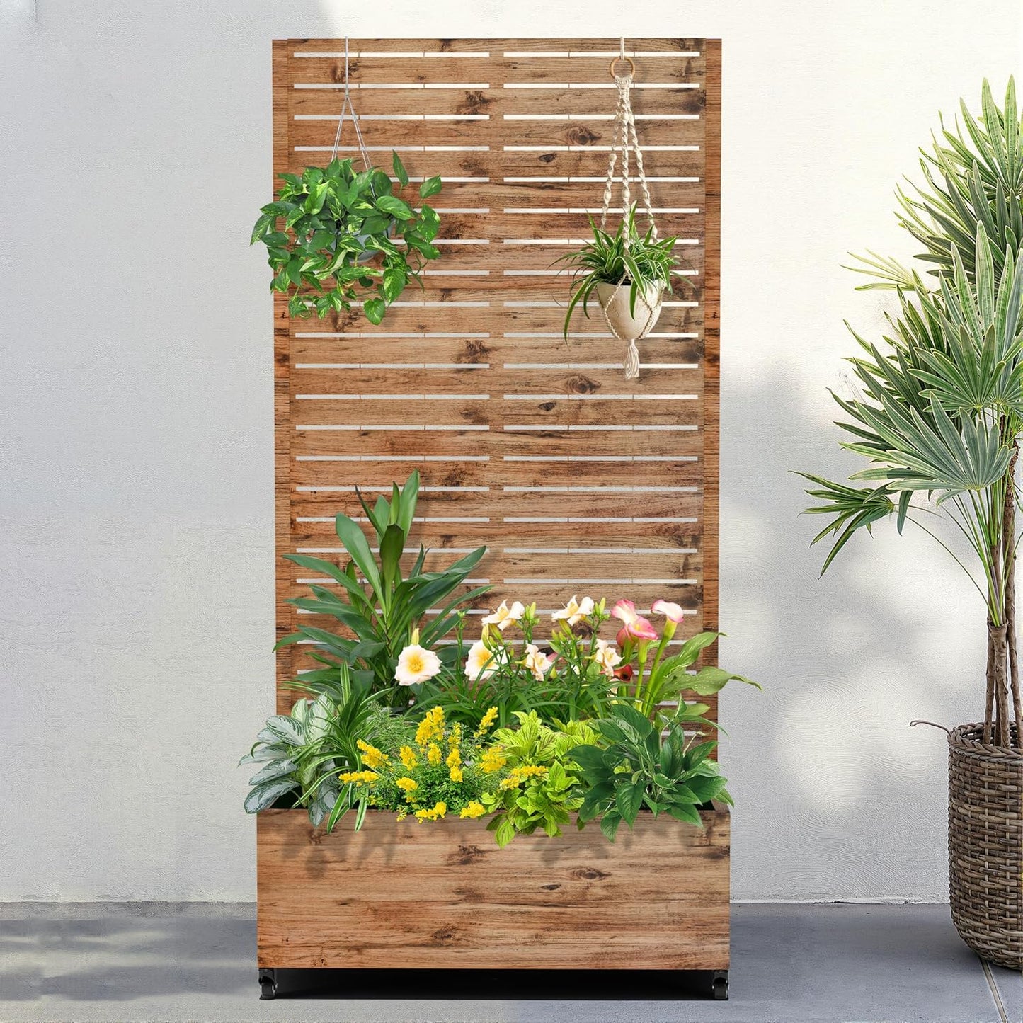 FENCY Metal Raised Garden Bed with Wheels and Trellis,73"x35"x16" Planter Box for Climbing Plants, Vegetables & Vines, Features Privacy Screen and Drainage Holes (Wood Color)