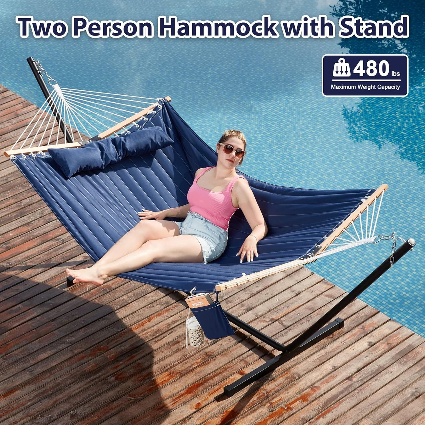 Two Person Hammock with Stand Heavy Duty, Outdoor Patio Hammock with Portable Steel Stand, Large Double Hammocks,480lbs Capacity.(Dark Blue)