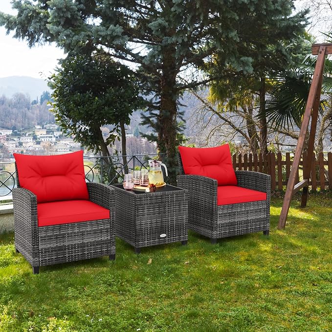RELAX4LIFE Wicker Patio Furniture Sets - 3 Pieces Rattan Sofa Set, Outdoor Conversation Set with Tempered Glass Tabletop, Heavy-Duty Steel Frame, Wicker Chair Set for Poolside, Backyard (Grey-Red)