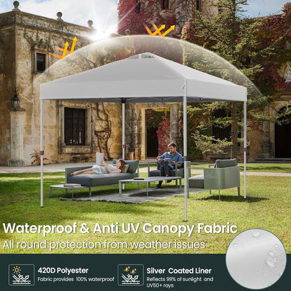 Shades 10x10 Pop Up Canopy with One Push Setup,Heavy Duty Beach Tent with Wheels for Easy Moving, Sun Shelter for Parties,Events, Outdoor Gazebo with 420D Coated Waterproof White Fabric