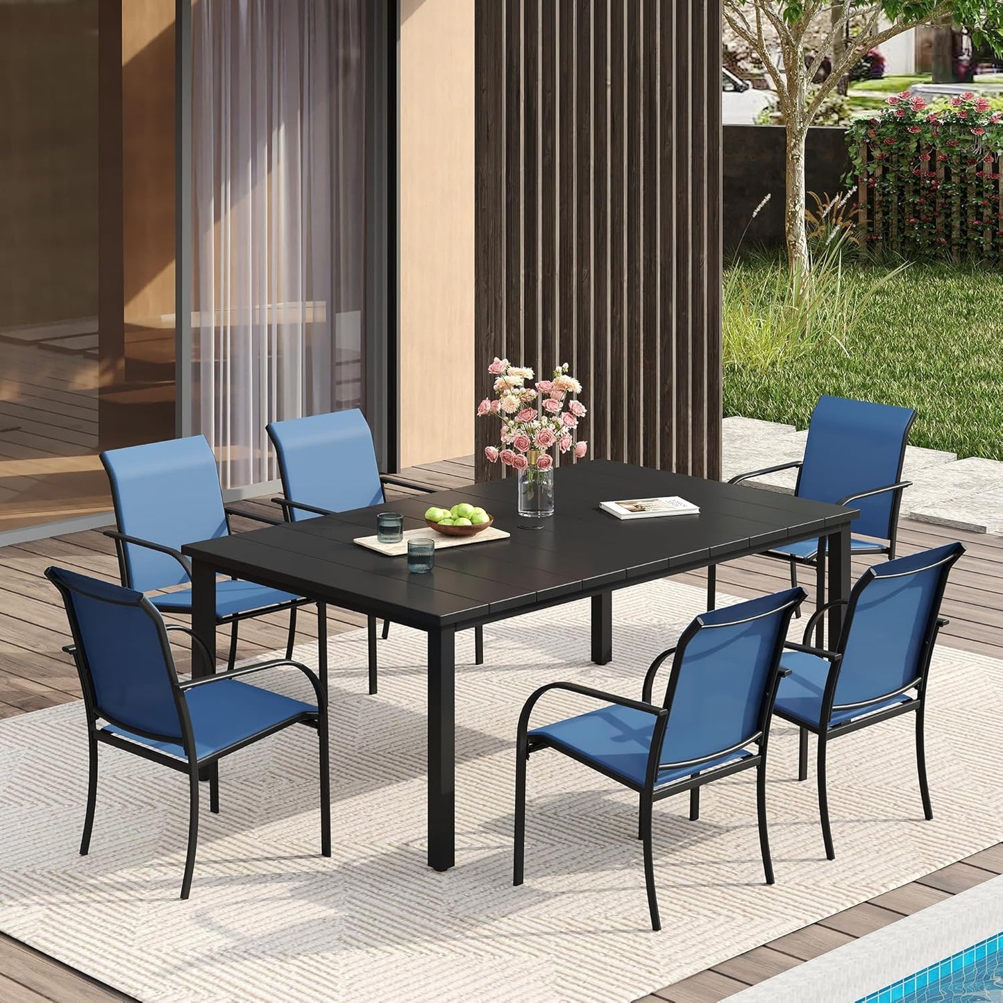 VICLLAX Patio Dining Set for 6, Outdoor Furniture Set Includes 63" Rectangle Patio Table and 6 Patio Stackable Chairs, Outdoor Table and Chairs for Outsides, Black Tabletop and Blue Fabric