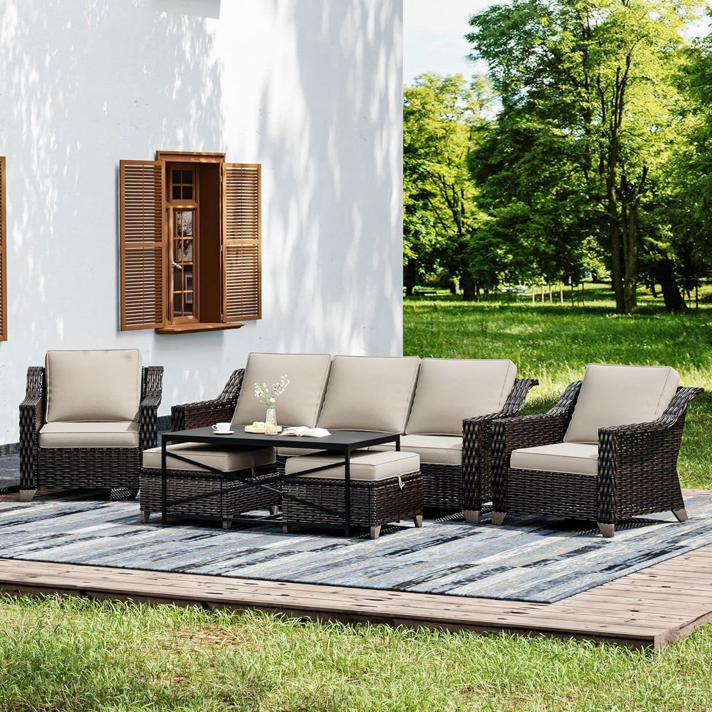 Joyside Wicker Patio Furniture Sets, 6 Pieces Upgraded Large Size Outdoor Furniture with Patio Dining Chairs, 3-Seat Sofa and Outdoor Ottoman, Thick Cushions, Wide Armrest