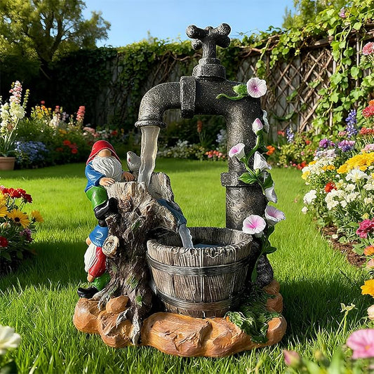 Solar Garden Gnomes Statues Outdoor Yard Decorations, 10" Resin Fountain Gnome Outside Christmas Art Decor for Lawn Patio Porch Backyard,Unique Housewarming Gifts for Women Mom Grandma