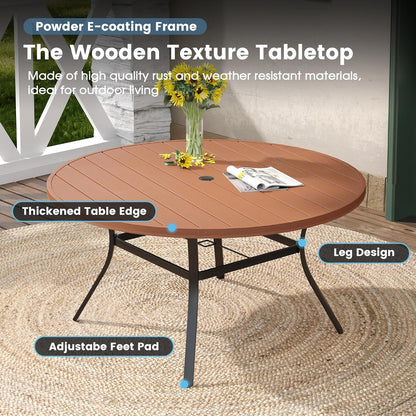 DIFY Round Outdoor Patio Dining Table for 8, 56.3" Patio Table with All-Weather Faux Wood Tabletop and Metal Steel Frame, Outside Table for Garden Porch Backyard, Walnut