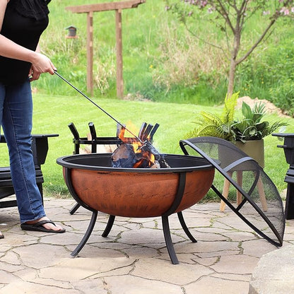Sunnydaze 32-Inch Copper Fire Pit for Outside - Wood-Burning Fire Pit Bowl with Spark Screen, Wood Grate, and Poker