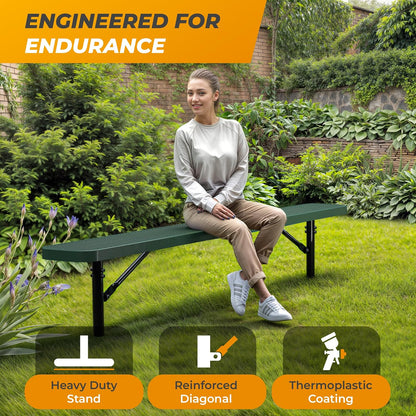 Heavy-Duty Outdoor Metal Bench, Thermoplastic-Coated, Inground, Weatherproof, Commercial-Grade for Parks, Gardens, Patios, Stores & More (8 Ft - Inground, Green)