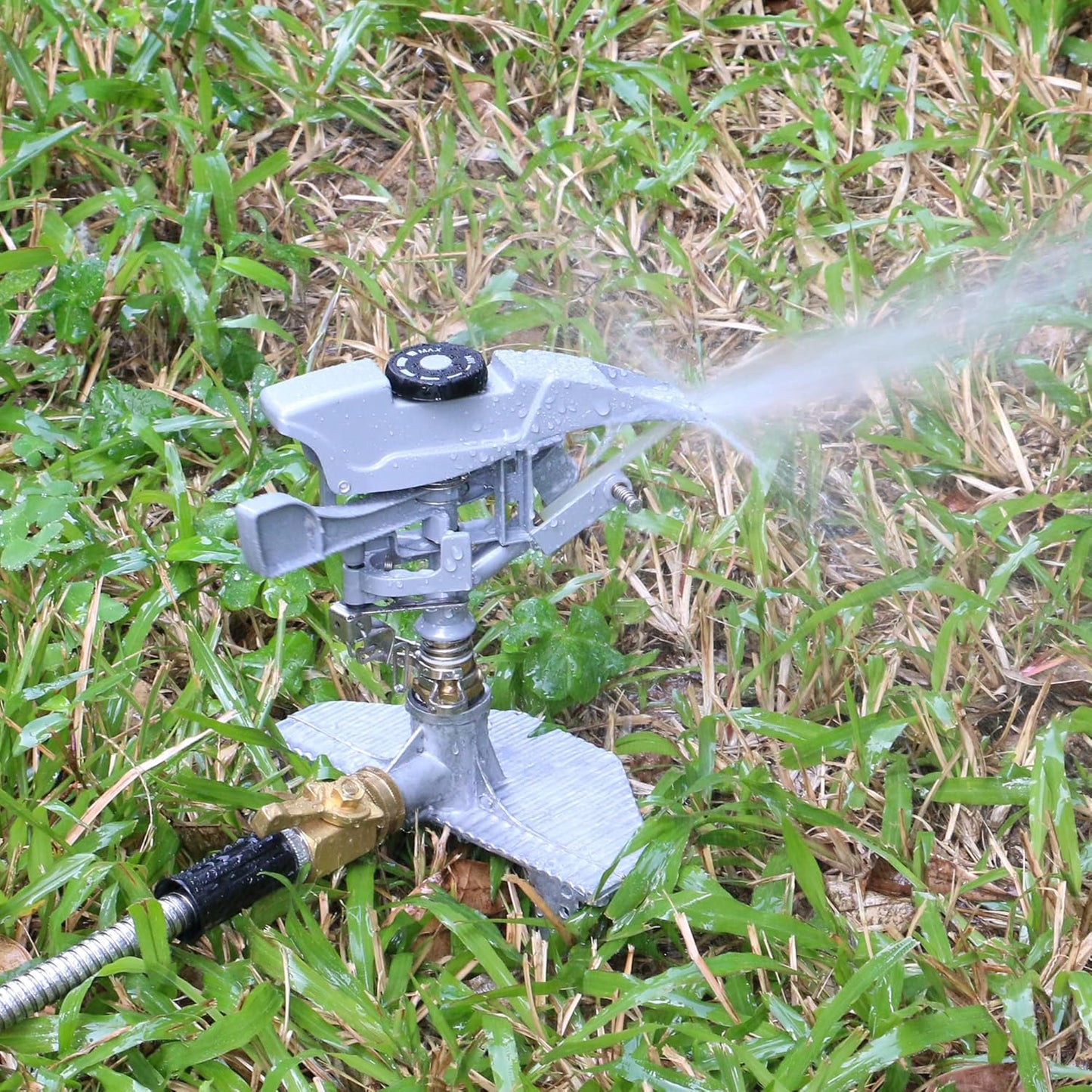 STYDDI Professional Heavy Duty Pulsating Sprinkler on Metal 3-Pronged Step Spike, Metal Pro Adjustable Circular Sprinkler for Large to Extra Large Yard, Areas, Lawn, Coverage up to 8500 Sq.FT