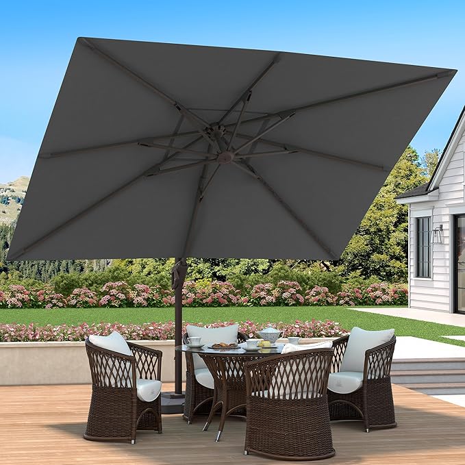 9' X 12' Cantilever Patio Umbrella with Base Included 360°Rotation Rectangular Outdoor Large Offset Umbrellas Heavy Duty Windproof for Garden Deck Pool, Grey