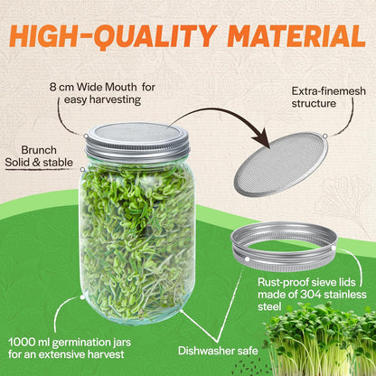 [Upgraded] 3 PCS Seed Sprouting Mason Jar Kit with Bamboo Holder, Drain Tray, Screen Lids, Blackout Sleeves, Good Ventilation & Drainage Capacity, Growing Fresh Organic Mung Beans & Microgreens