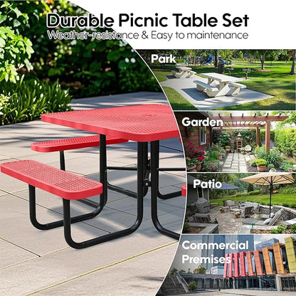 46" Square Picnic Table for Outside,Heavy Duty Metal Picnic Table Bench Set with 2in Umbrella Hole, 1600 lb Capacity,Commercial Dining Table Furniture for Garden Yard Patio Party Coffee Shop