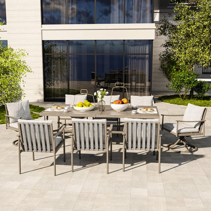 HAPPATIO Patio Table for 8, Large Modern Rectangle Outdoor Dining Table with Umbrella Hole and Adjustable Feet, All Weather Aluminum Patio Table for Garden, Backyard and Poolside, Grey