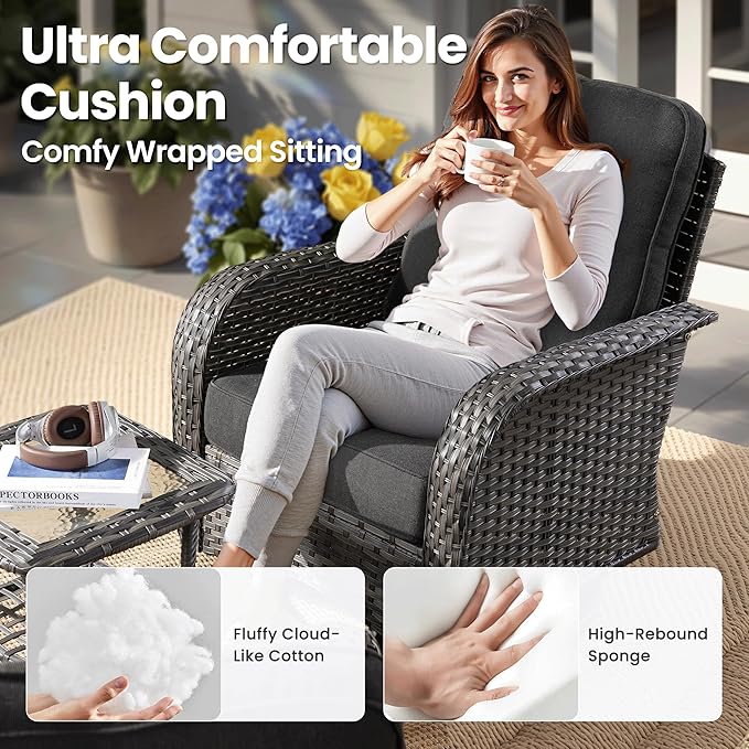 ovios 3 Pieces Patio Furniture Set, Outdoor Rocking Chairs of 2, Wicker Swivel Glider Chairs with Side Table Thick Cushions, All Weather Rattan Bistro Set for Porch, Black