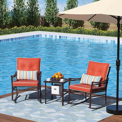 DECMICO Outdoor Rocking Chairs 3 Pieces Patio Conversation Front Porch Furniture, Wicker Rocking Chairs Bistro Set with Coffee Table and Cushions for Garden and Balcony, Orange
