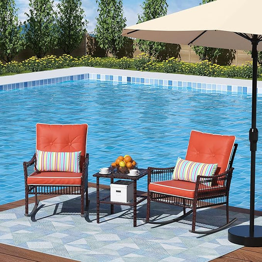 DECMICO Outdoor Rocking Chairs 3 Pieces Patio Conversation Front Porch Furniture, Wicker Rocking Chairs Bistro Set with Coffee Table and Cushions for Garden and Balcony, Orange