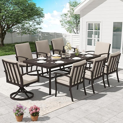 HAPPATIO Aluminum 9 Piece Patio Dining Sets, Outdoor Dining Set for 8, Patio Furniture Sets, 2 Swivel Dining Chairs, 6 Dining Chairs, Aluminum Furniture Set for Patio, Yard (Black)